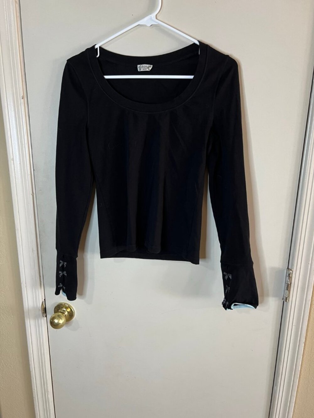 Free People Intimately Black Scoop Neck Long Sleeve Top Bows Lace Cuffs